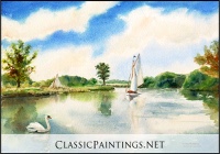 Swans and Sailing Along the Norfolk Broads, East Anglia, England